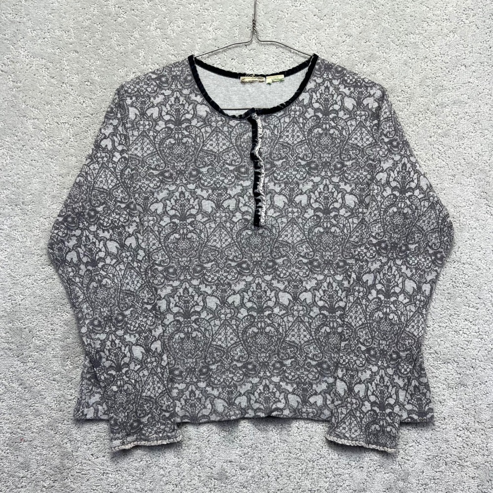 VINTAGE St Johns Bay Thermal Shirt Womens Large Grey Waffle Knit Velvet Trim